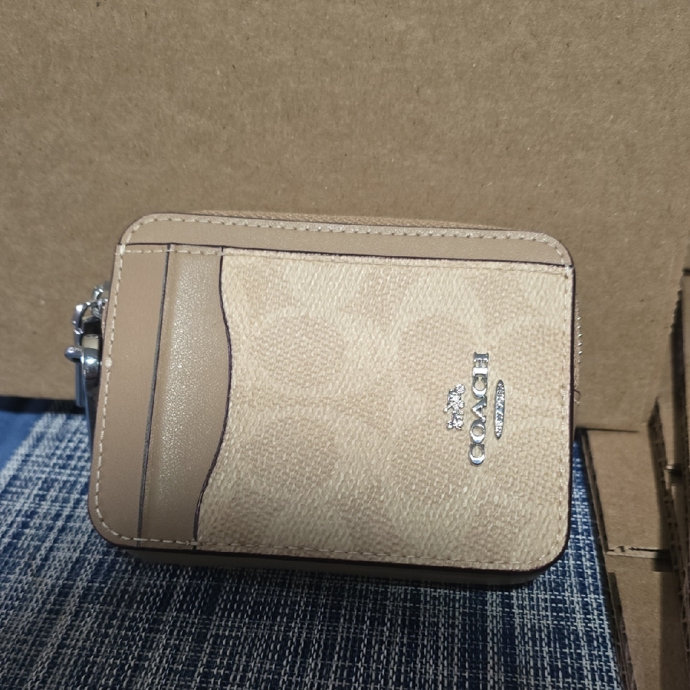 Coach Beige Signature Zip Card Case with Silver Logo
